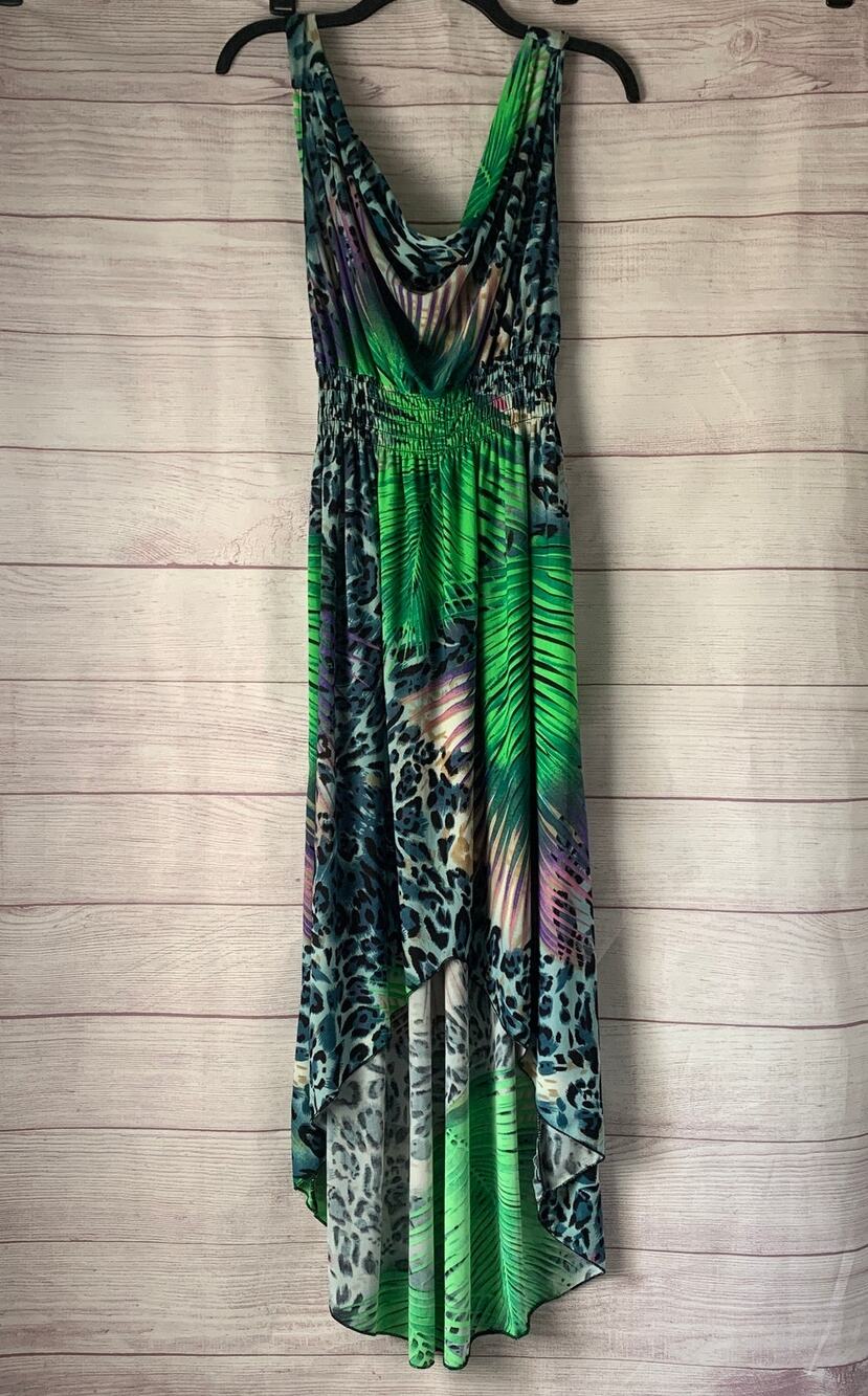 ACE Fashion Green Tropical Animal Print High Low Maxi Dress Cowl Neck Size XL